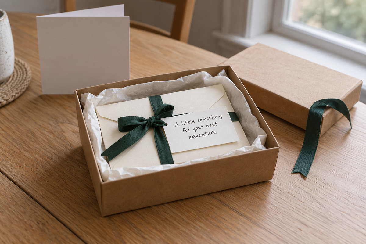 DIY styling concept: cream money envelope tied with green ribbon in a tissue-lined kraft gift box, with a handwritten adventure message.