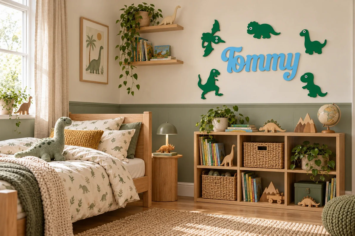 Sage green dinosaur bedroom with an oak bed and a blue Tommy wooden name with five green dinosaurs above a bookcase; styling visualisation