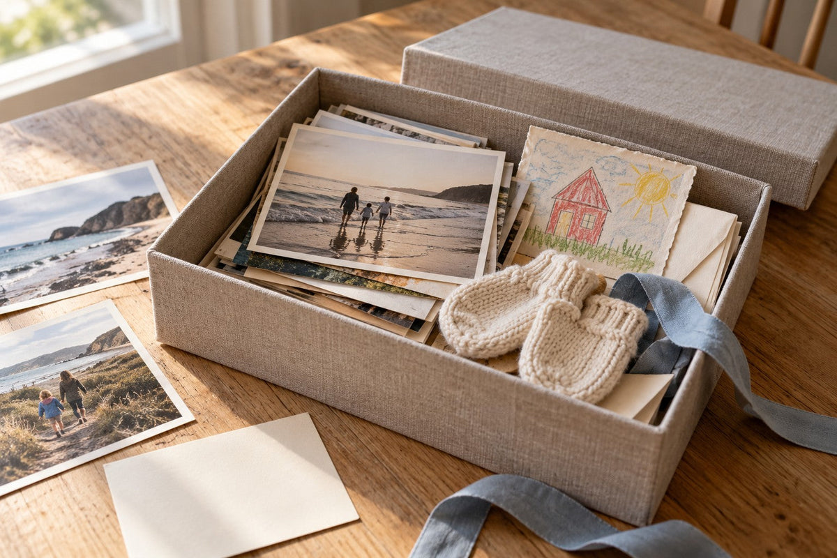 An open linen family memory box with printed photographs, a child's drawing, knitted mittens and paper envelopes
