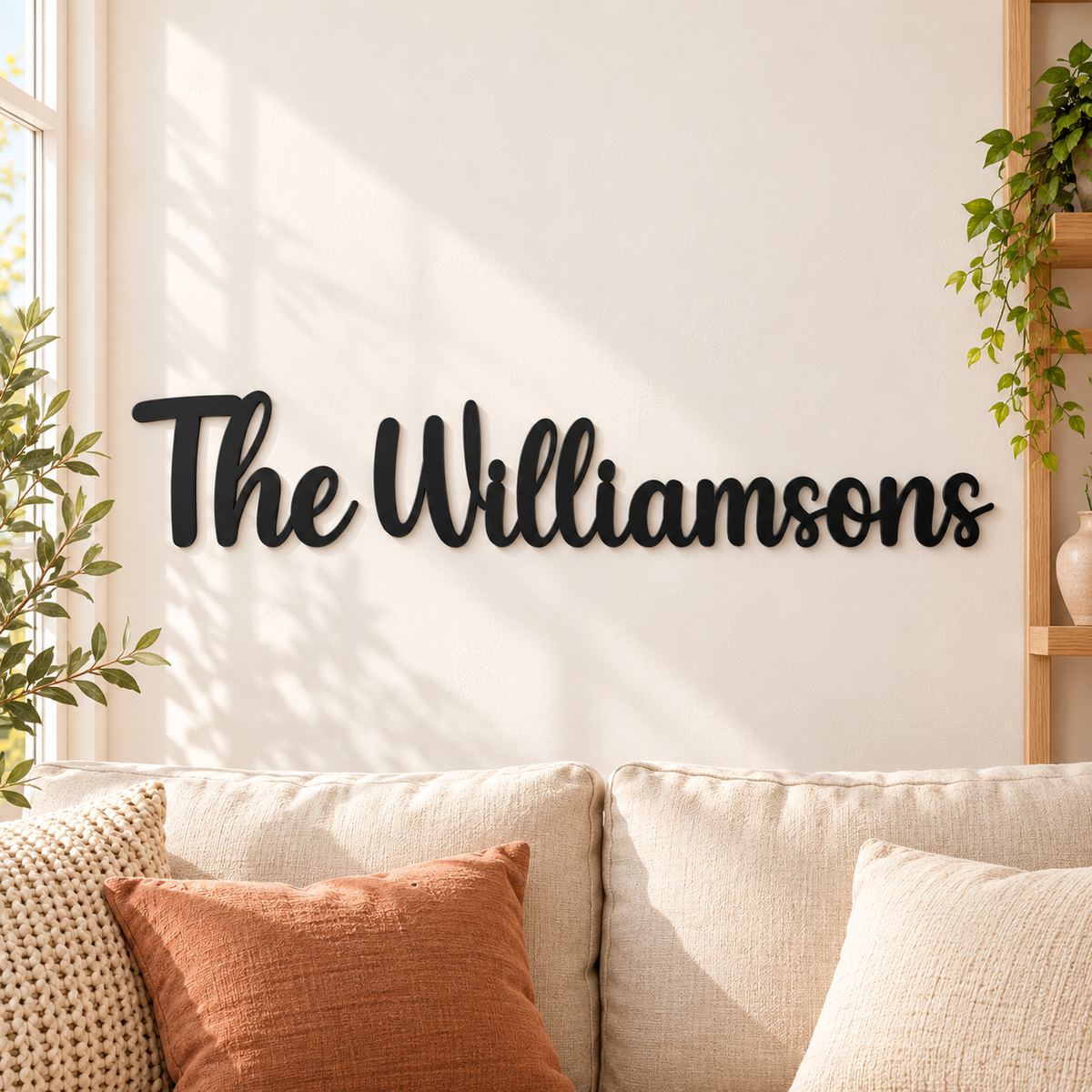 Black The Williamsons personalised wooden family name sign centred on an ivory wall above a cream sofa