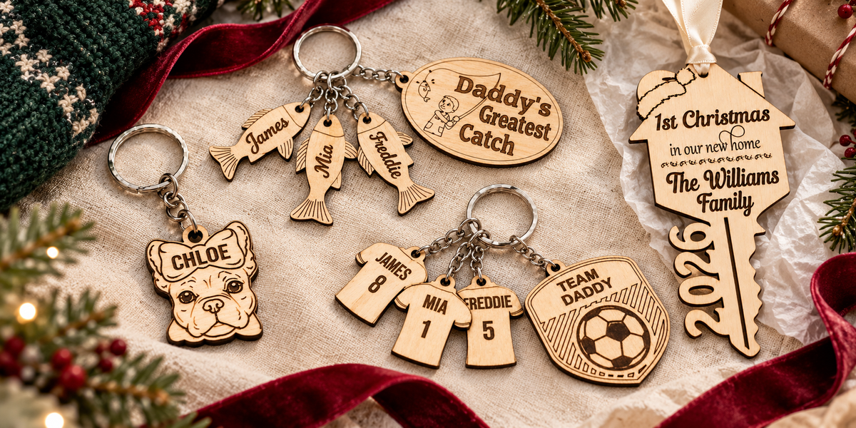 Personalised wooden pet, fishing and football keyrings with a new home Christmas decoration, styled with burgundy ribbon and a green stocking