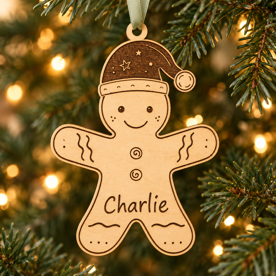 Gingerbread man bauble personalised with Charlie, hanging on a Christmas tree with sage green satin ribbon