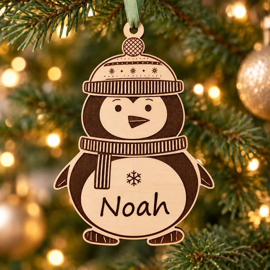 Personalised wooden penguin bauble engraved with Noah, hanging on a Christmas tree from a sage green satin ribbon