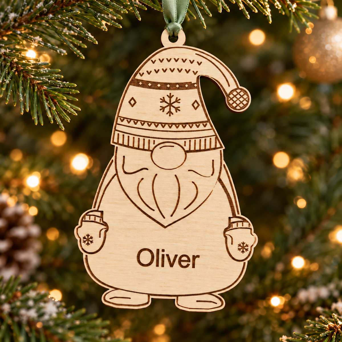 Personalised wooden gnome bauble engraved with Oliver, hanging on a Christmas tree from a sage green satin ribbon.