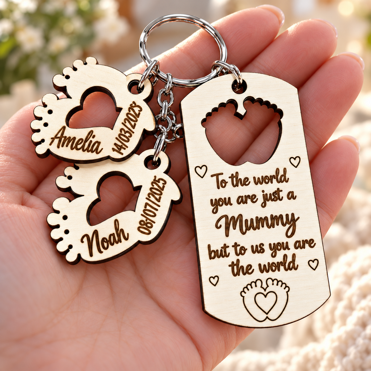 Personalised Mummy wooden keyring held in a hand with Amelia and Noah baby feet charms, names and birth dates.