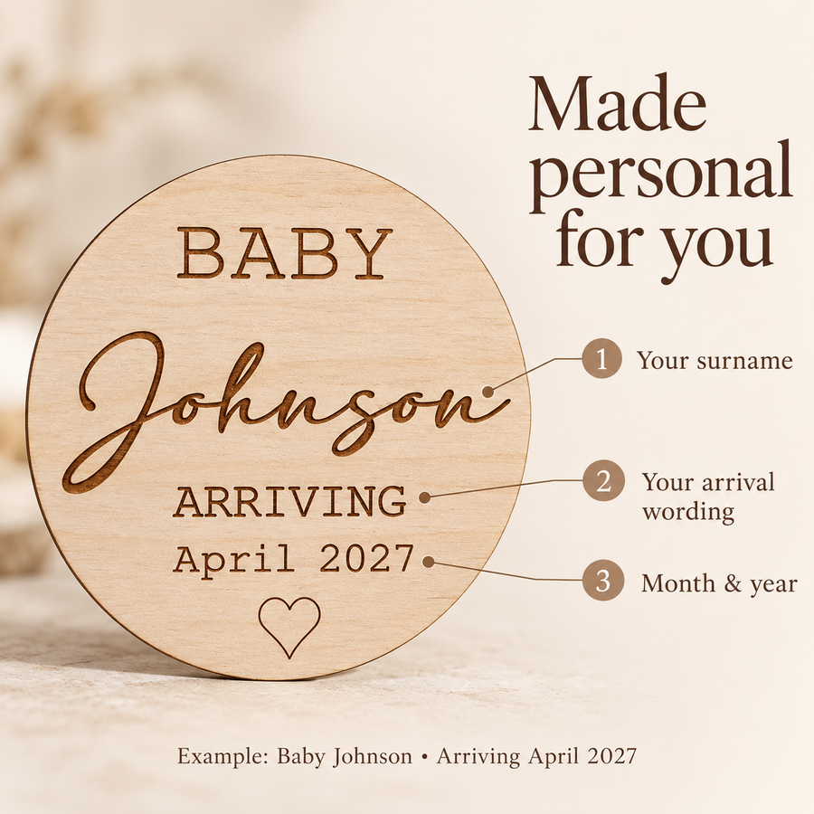 Personalisation guide showing surname, arrival wording and month and year