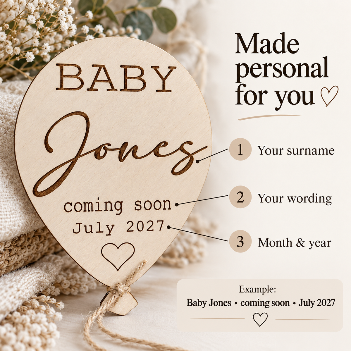 Personalisation guide showing surname, wording and due month and year on the wooden balloon