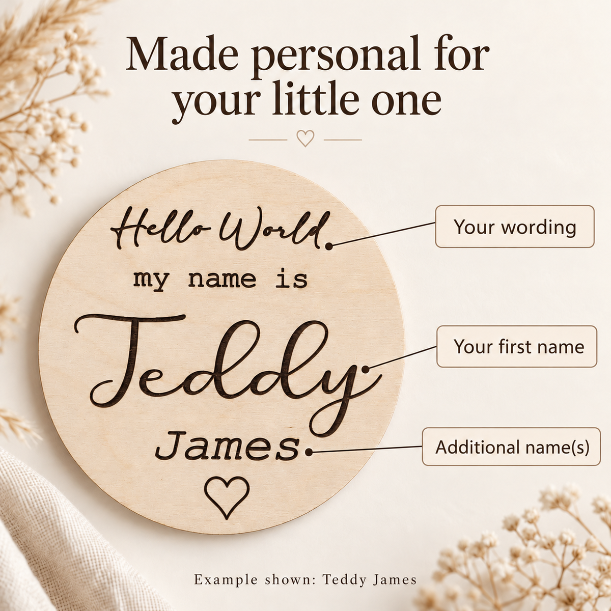 Personalisation guide showing the first name, additional names and wording on the engraved round birth announcement sign