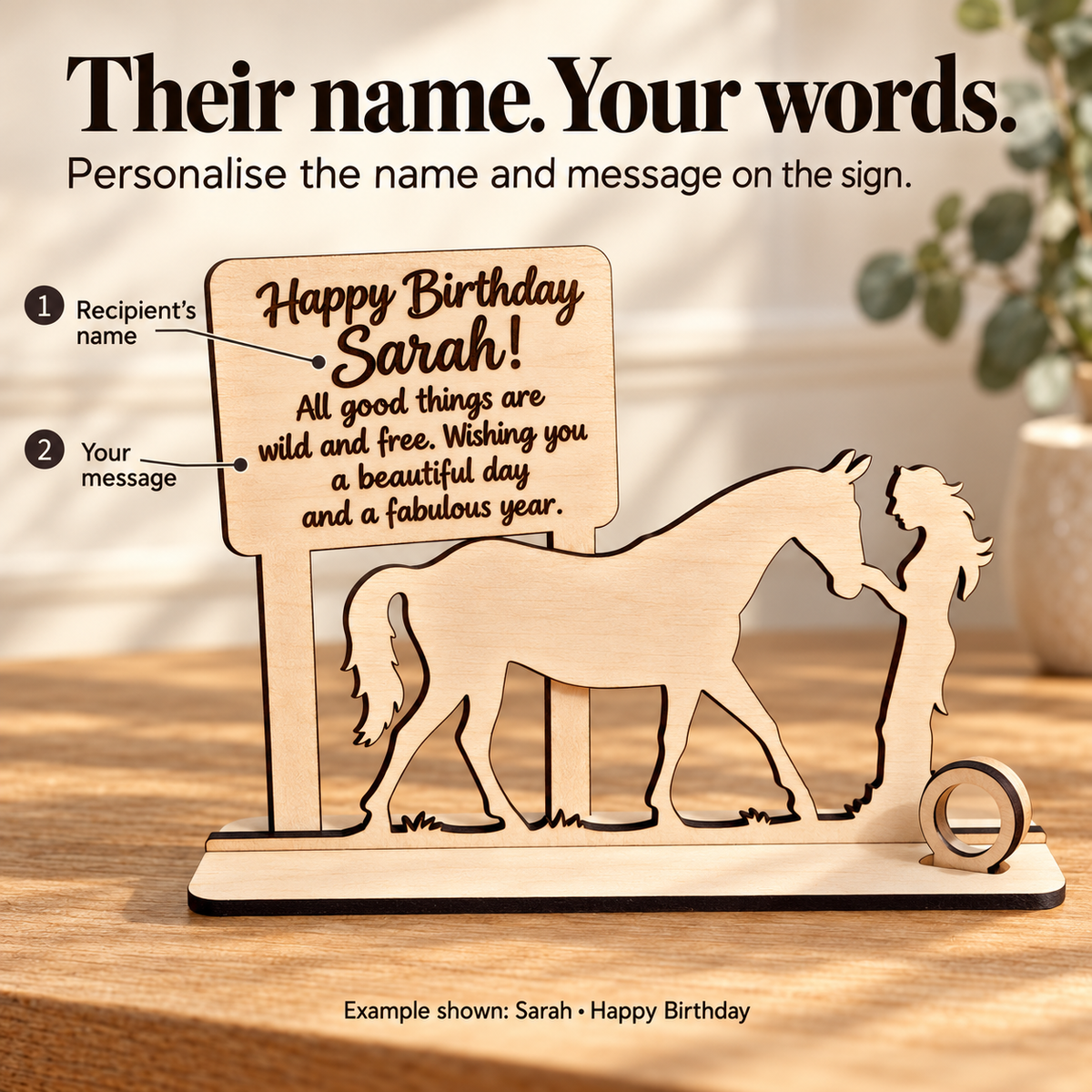 Personalisation guide showing the recipient’s name and custom message engraved on the horse gift sign
