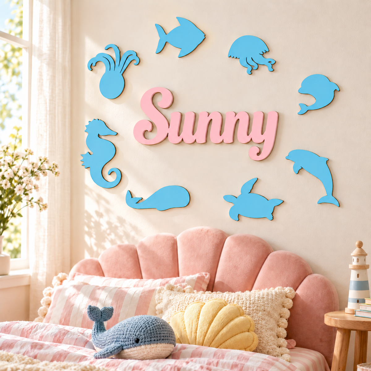 Pastel Pink Sunny connected wooden name with eight Pastel Blue sea animals in a child's bedroom