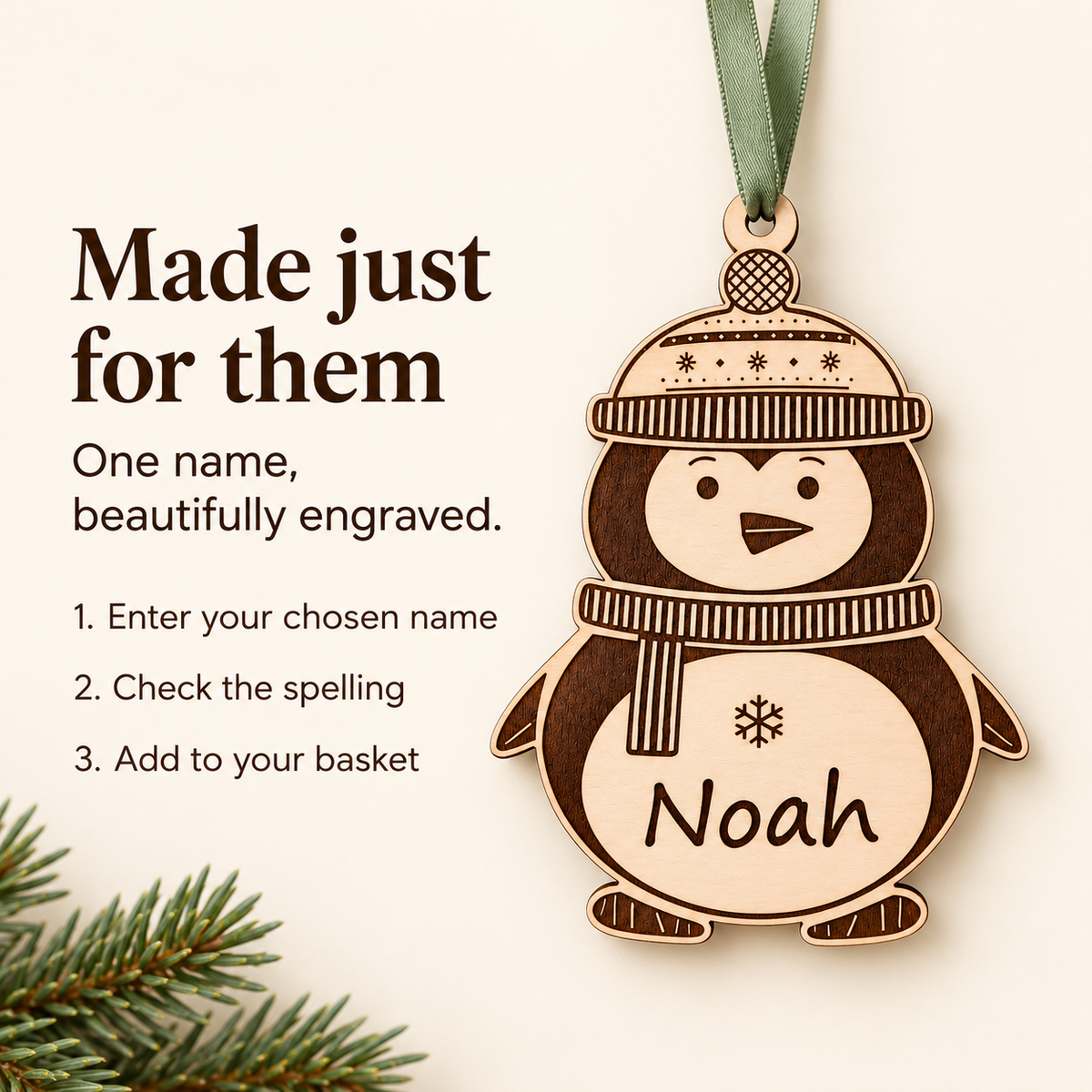 Penguin bauble engraved with Noah beside clear instructions to enter one chosen name, check the spelling and add to the basket