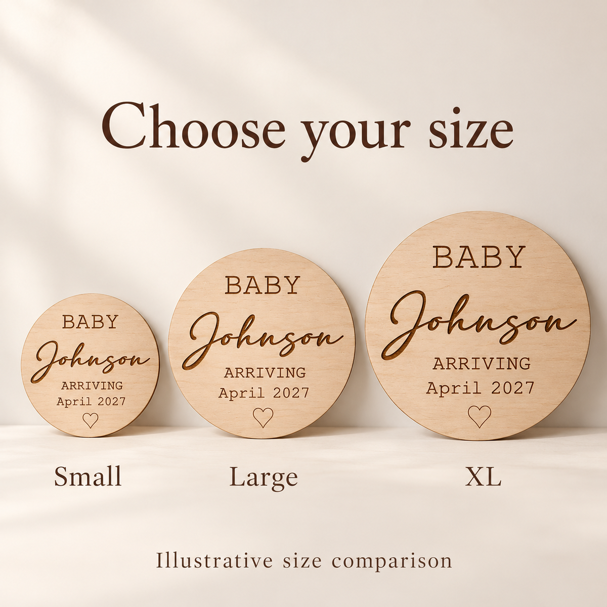 Illustrative comparison of Small, Large and XL round wooden signs