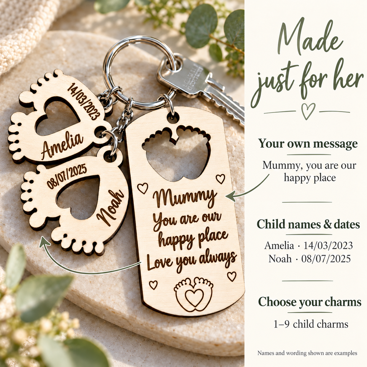 Personalisation guide showing a custom message and children's names and dates on wooden baby feet charms.