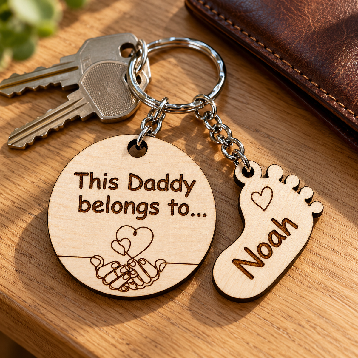This Daddy belongs to wooden keyring with one footprint charm engraved Noah, attached to house keys on an oak surface.
