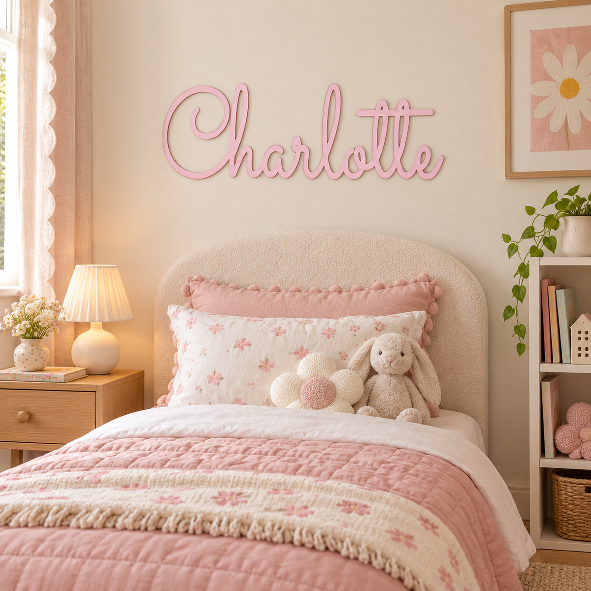 Pastel pink Charlotte wooden name sign above a child's bed with floral bedding and a soft bunny