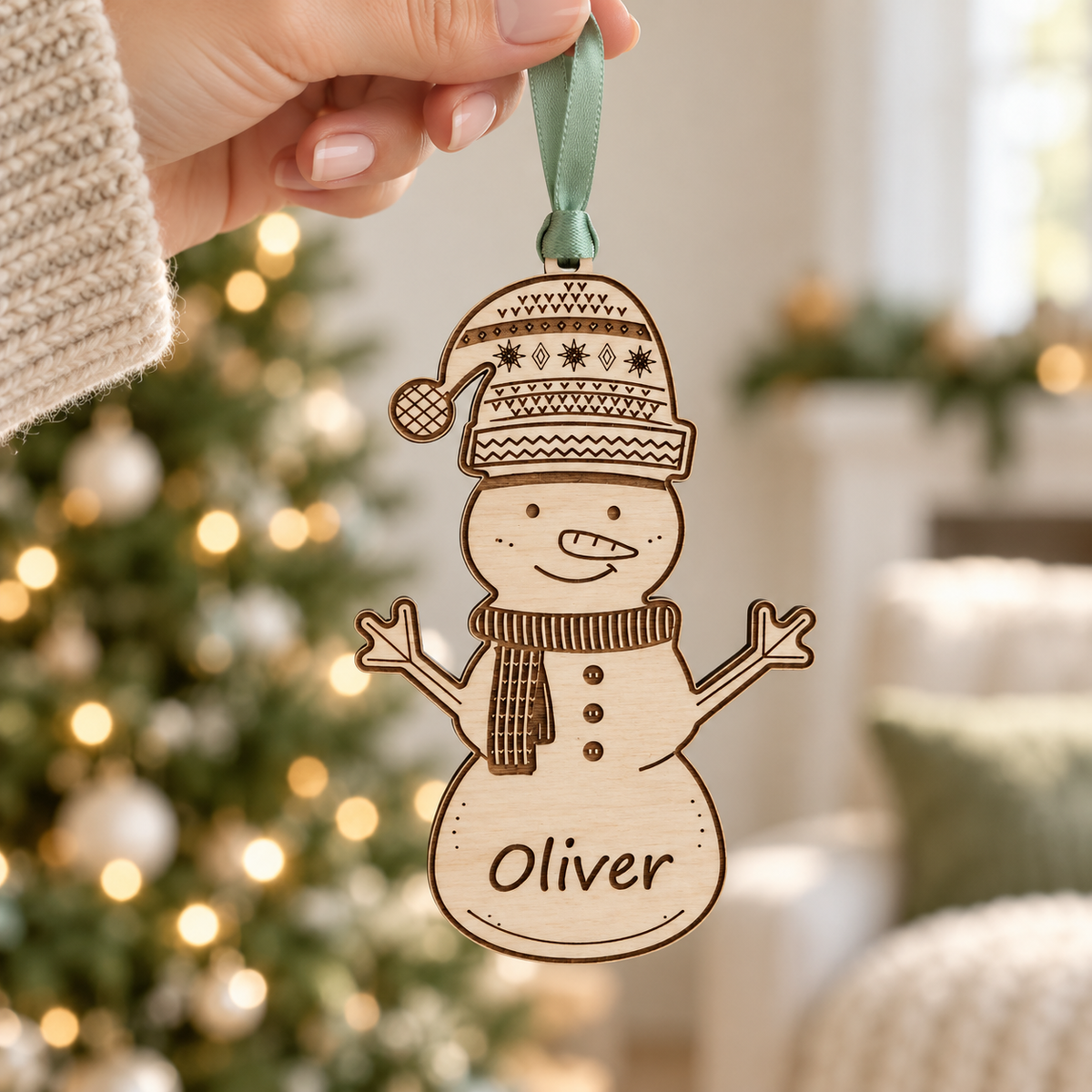 Hand holding the sage green ribbon of an Oliver snowman ornament in front of a softly lit Christmas tree.