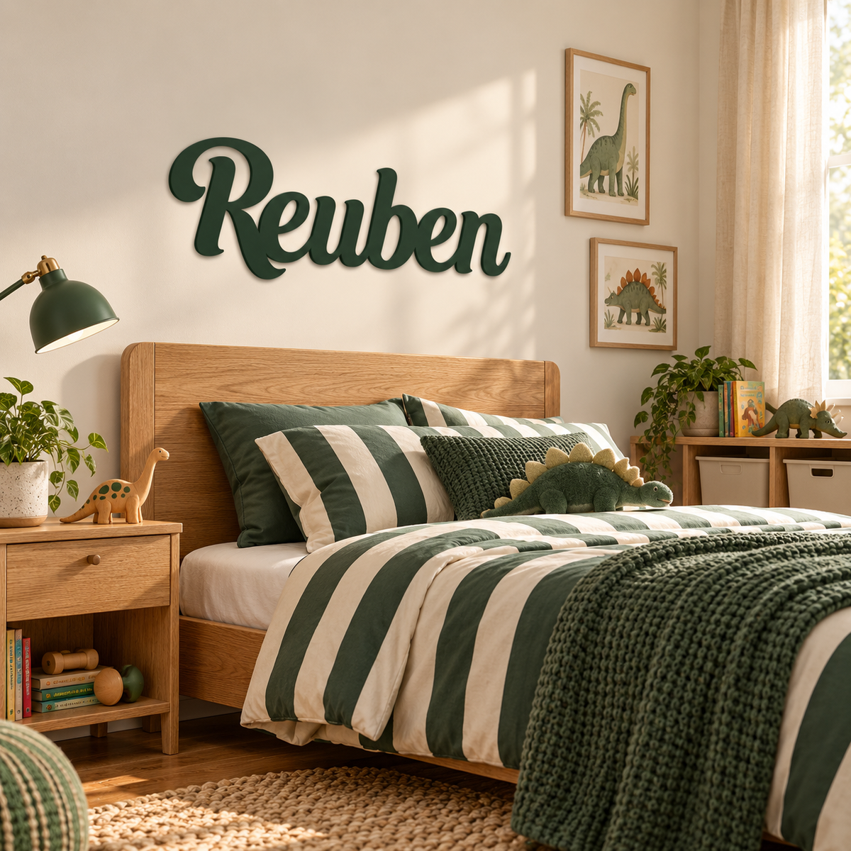 Forest Green Reuben wooden name letters in a dinosaur-themed child's bedroom with an oak bed