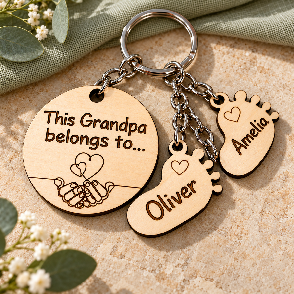 This Grandpa belongs to wooden keyring with Amelia and Oliver footprint name charms on a warm stone background.