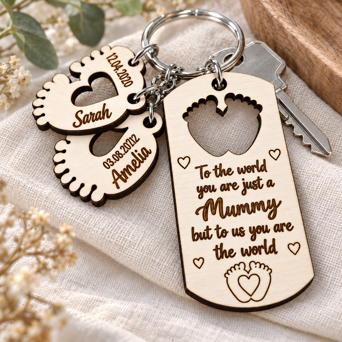 Close-up of dark laser engraving on a wooden Mummy keyring with individual name and date charms.