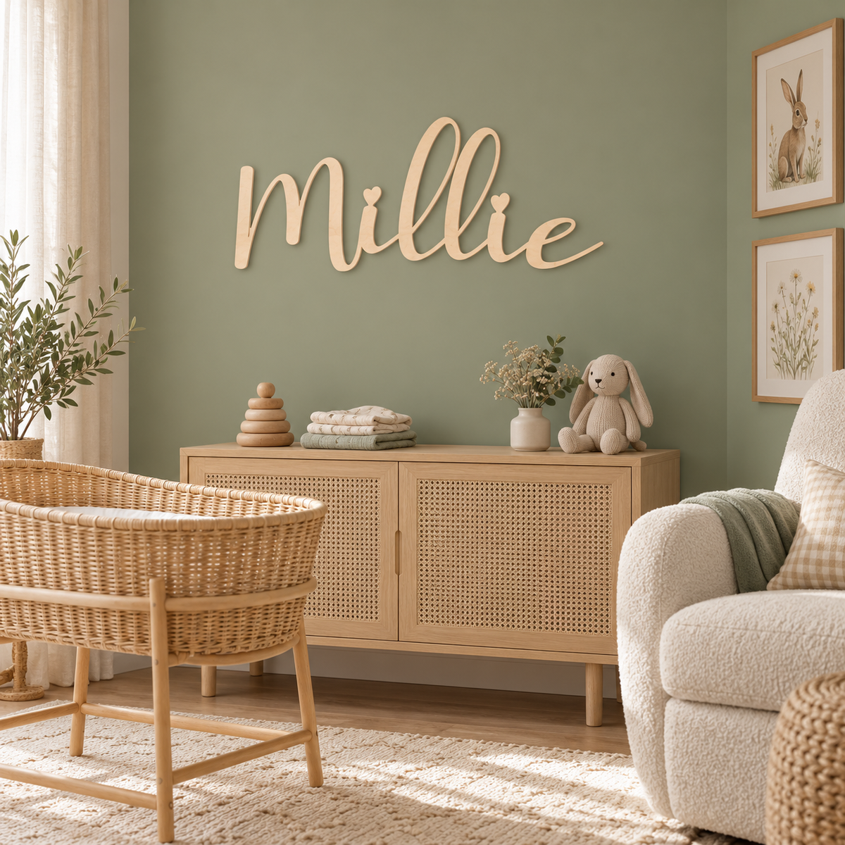 Unpainted birch Millie wooden name sign on a sage nursery wall beside a Moses basket and oak cabinet