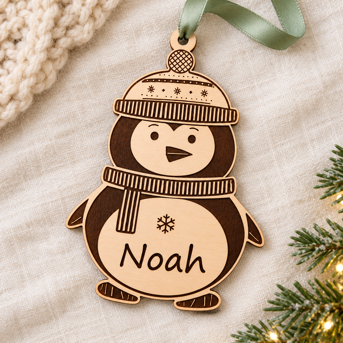 Personalised Noah penguin bauble on ivory linen with cream knit fabric and fir branches