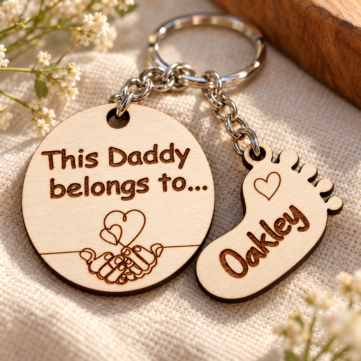 Close-up of dark laser engraving, linked hands and hearts on the birch wood main tag and an Oakley footprint charm.