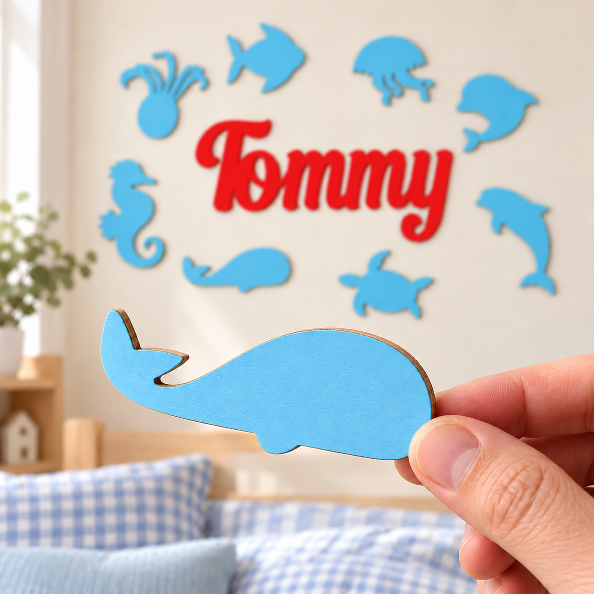 Close-up of a Pastel Blue wooden whale showing the painted finish and thin wooden edge