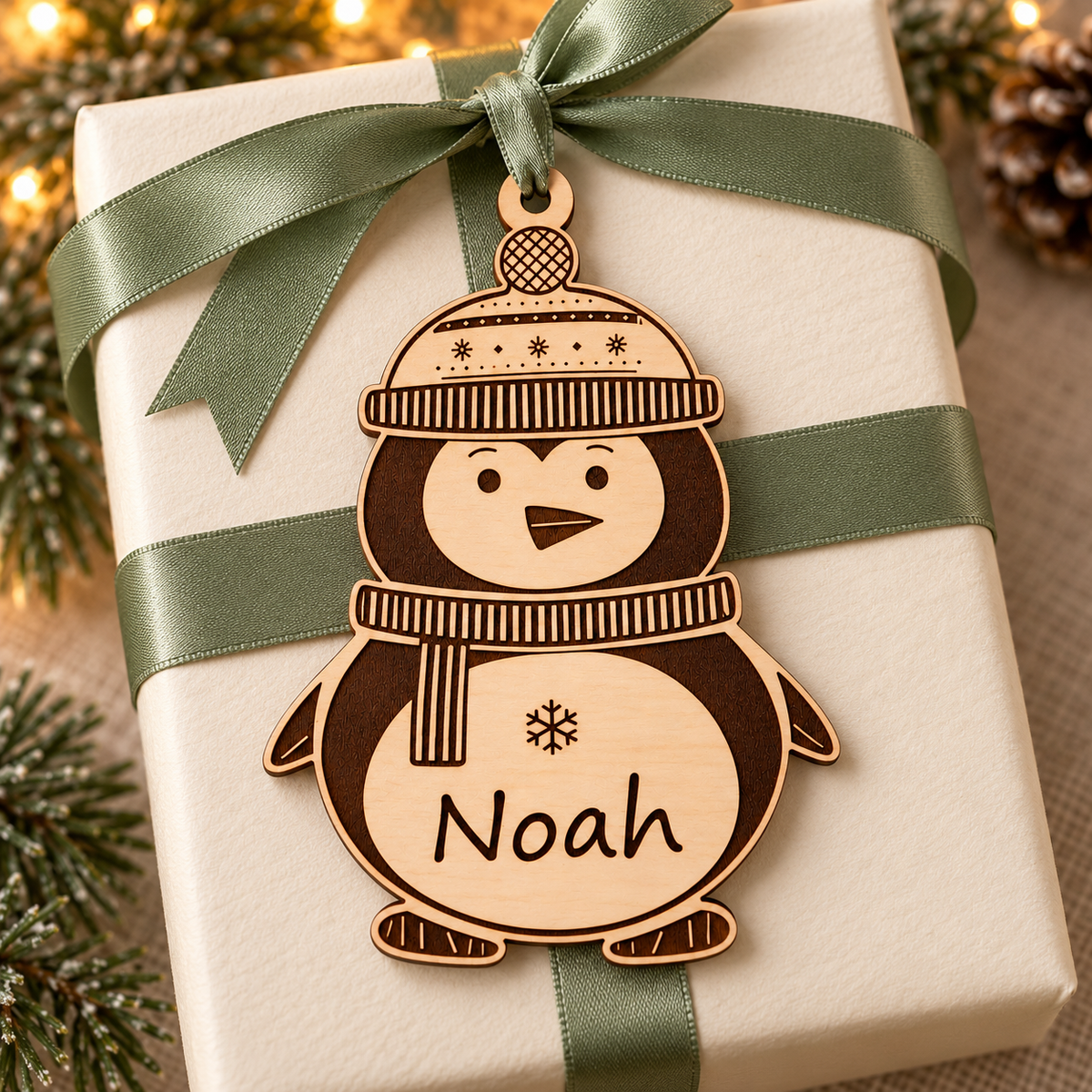 Wooden Noah penguin ornament attached as a name gift topper to an ivory Christmas parcel with sage green ribbon
