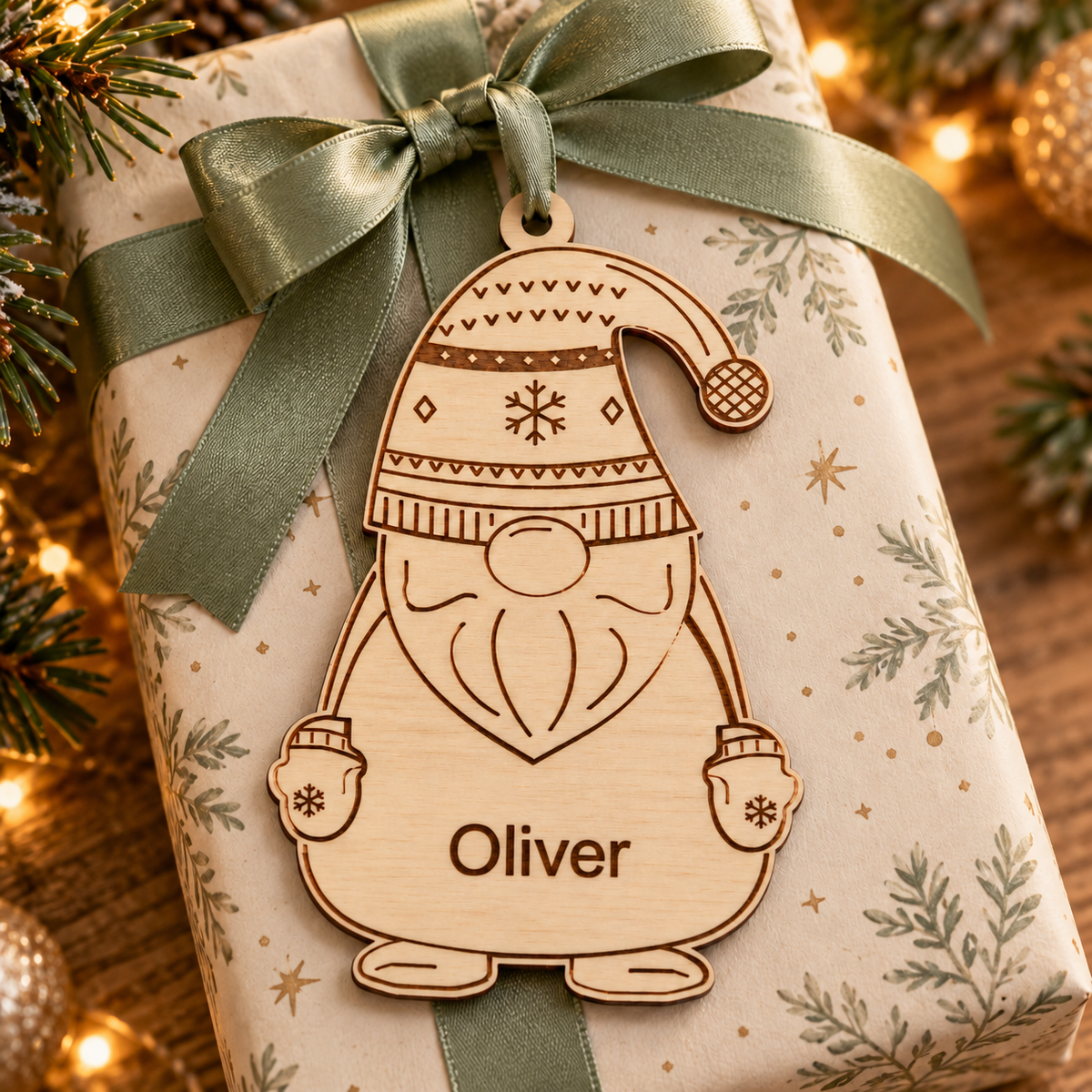 Personalised wooden gnome ornament styled on a wrapped Christmas present as a reusable name gift topper.