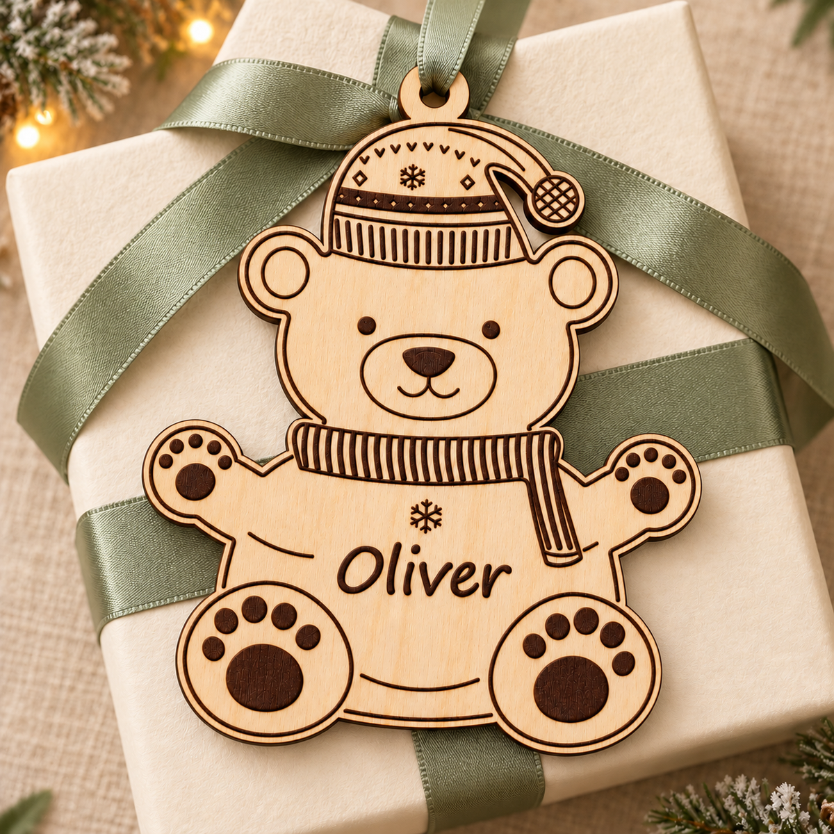 Personalised wooden polar bear ornament styled as a reusable name gift topper on an ivory Christmas present with sage ribbon.