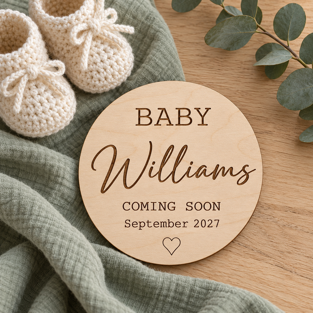Baby Williams Coming Soon plaque with September 2027 due date example