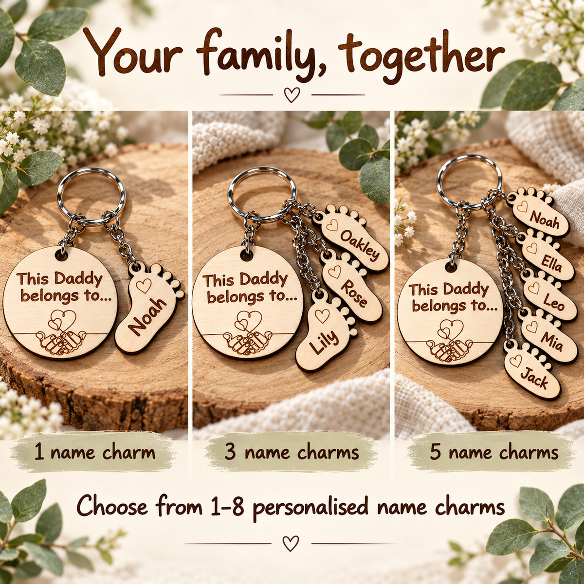 Comparison showing one, three and five footprint name charms; keyring available with one to eight personalised charms.