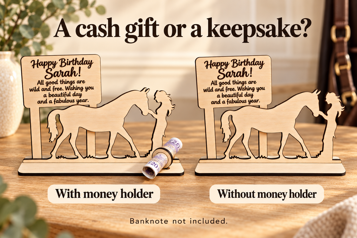Comparison of the horse keepsake with a banknote holder and without a banknote holder; money is not included