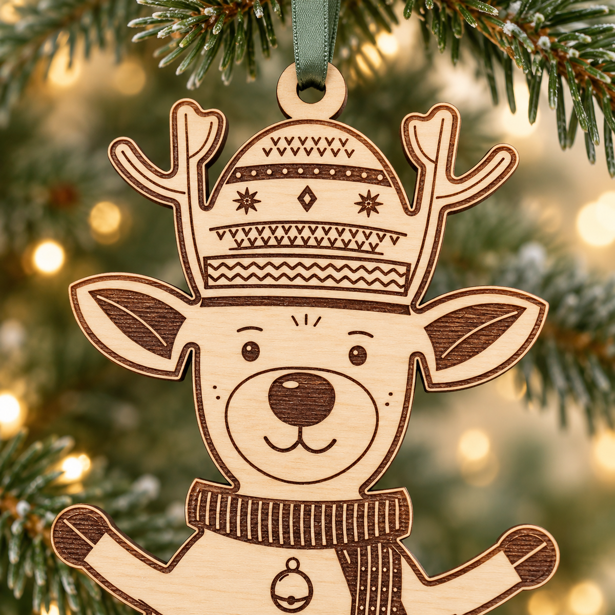 Detail of the sage green satin ribbon, wooden hanging loop, antlers and engraved Nordic hat on the reindeer bauble.