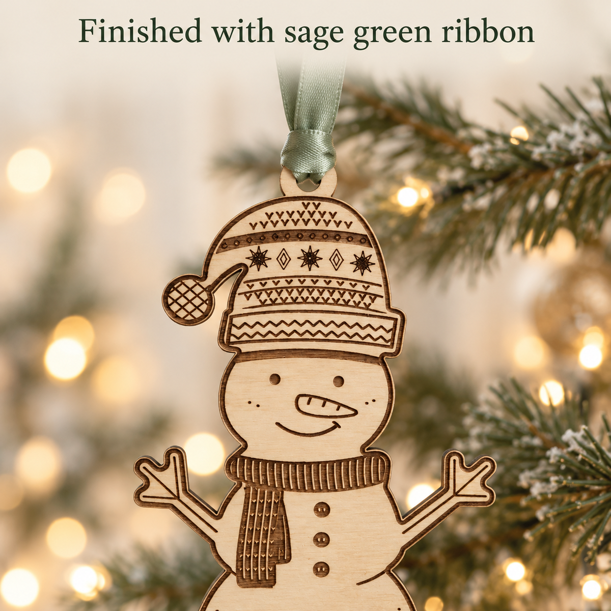 Close-up of the sage green satin hanging ribbon and engraved patterned hat on the wooden snowman.