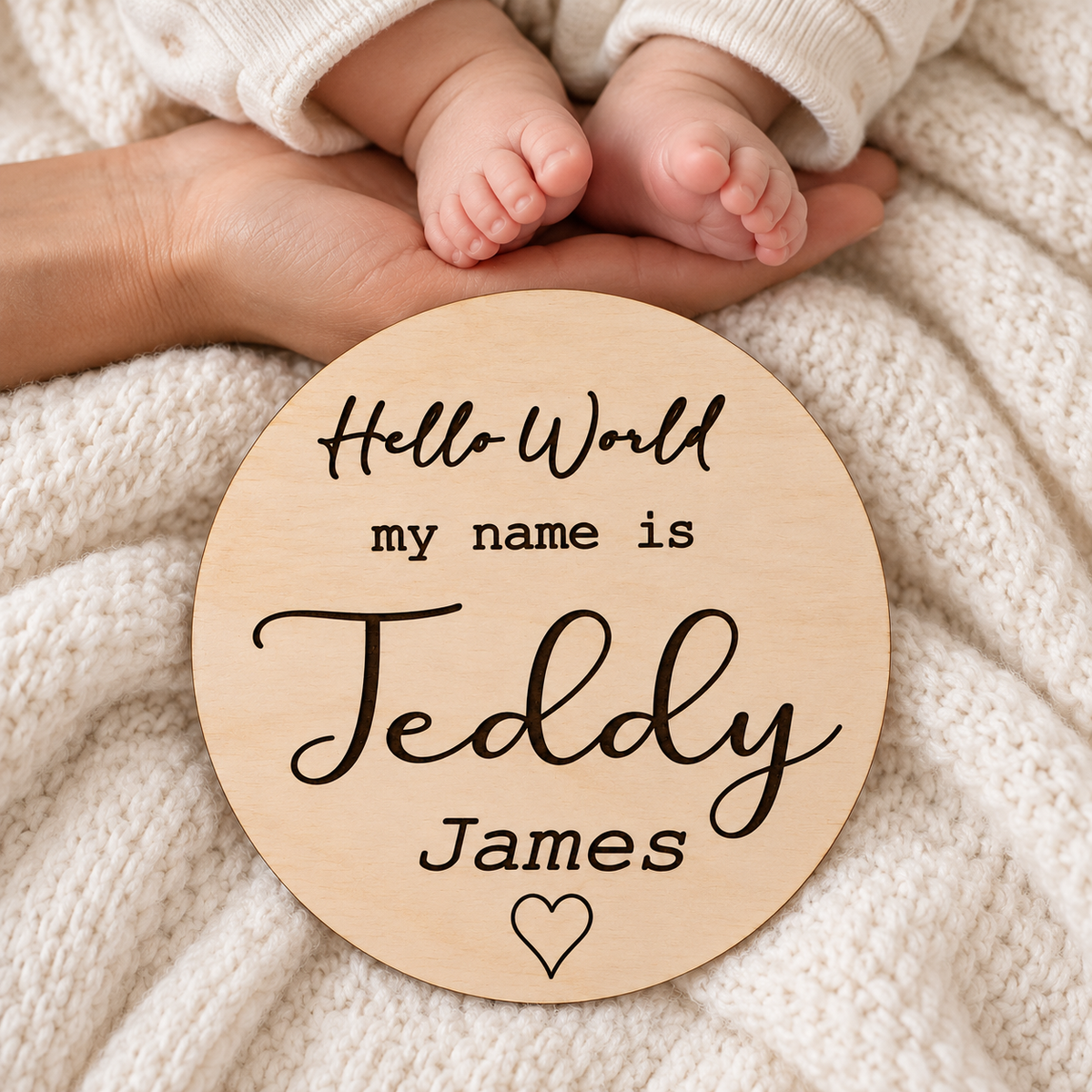 Dark engraved Teddy James birth announcement sign below newborn feet supported in an adult hand