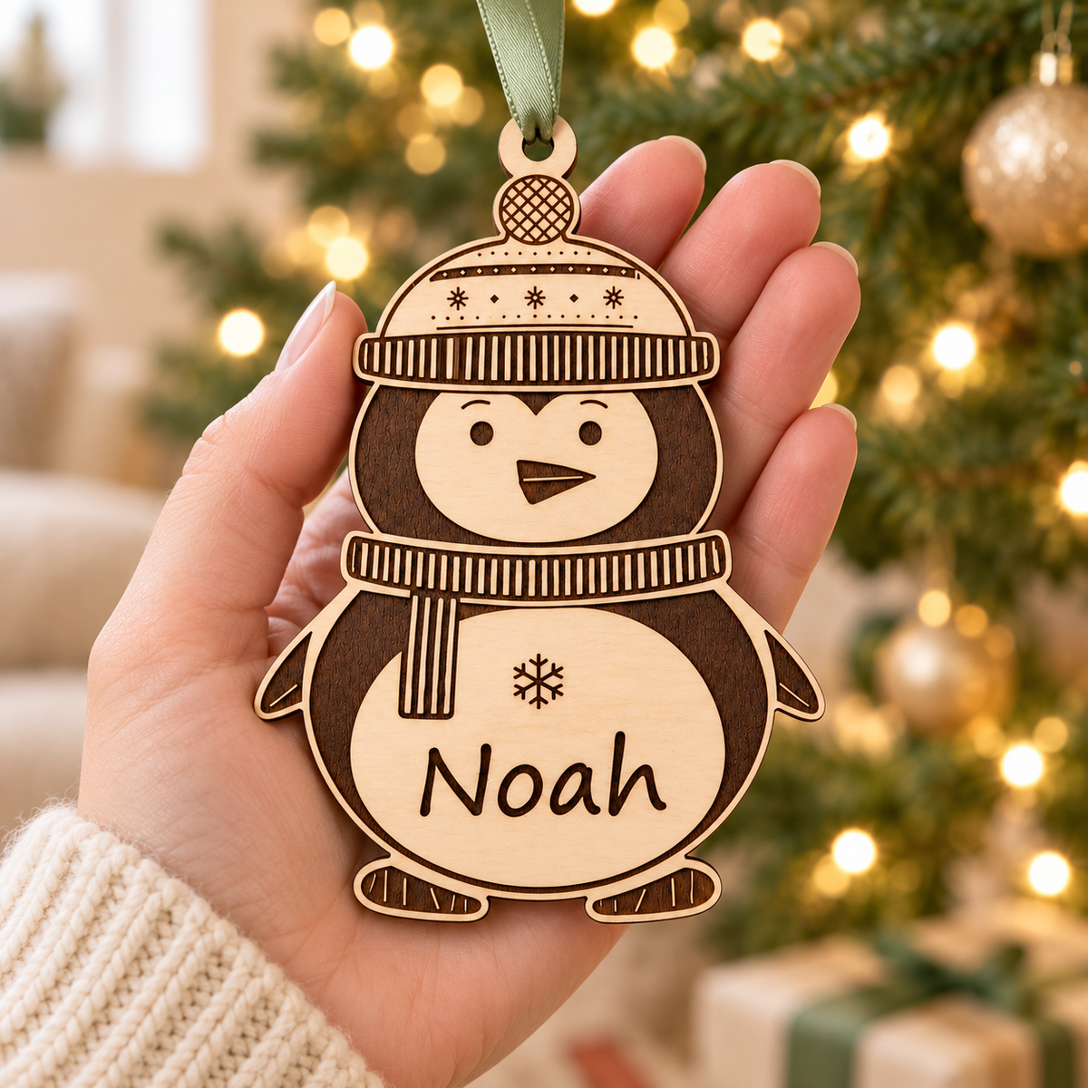 An adult hand holding a personalised wooden Noah penguin bauble in front of a softly lit Christmas tree