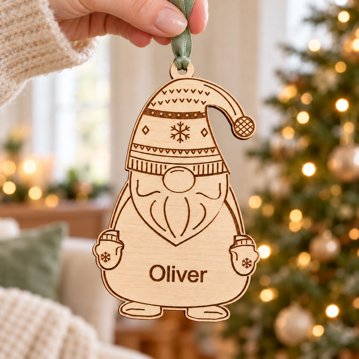 Personalised Oliver gnome bauble held in a hand, showing the wooden outline, engraved details and sage green ribbon.