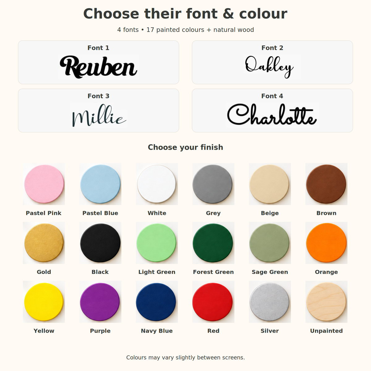 Wooden name letters font guide: 1 Reuben, 2 Oakley, 3 Millie, 4 Charlotte, with 17 painted colours and unpainted wood