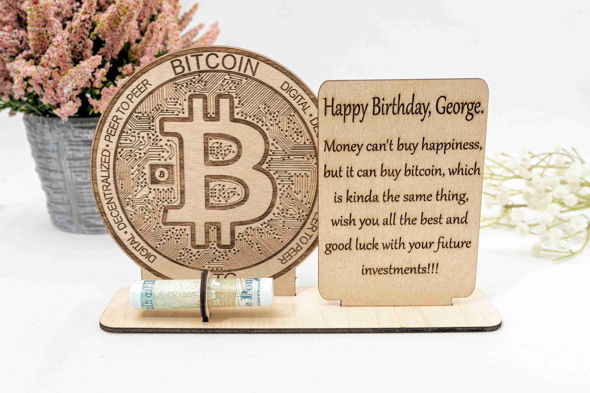 Personalised Wooden Bitcoin Coin - Birthday Gift with Real Bitcoin