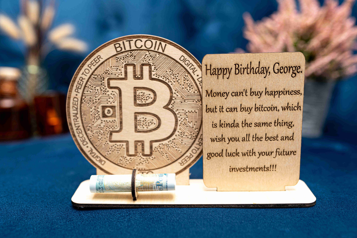 Personalised Wooden Bitcoin Coin - Birthday Gift with Real Bitcoin