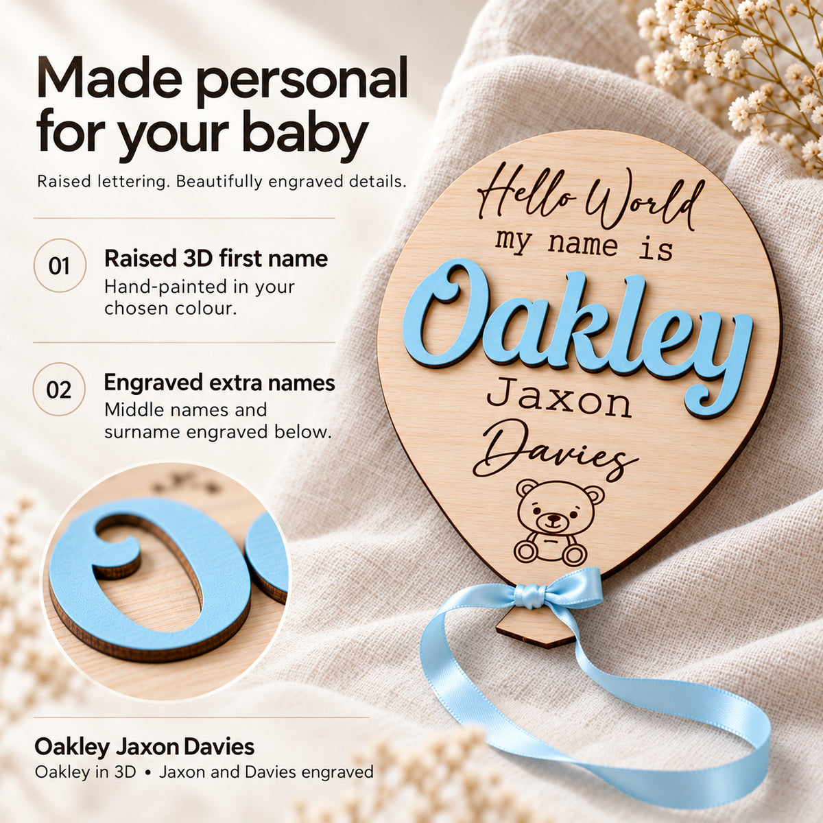 Personalisation guide for the wooden baby balloon: Oakley is a raised hand-painted 3D first name; Jaxon and Davies are engraved extra names.