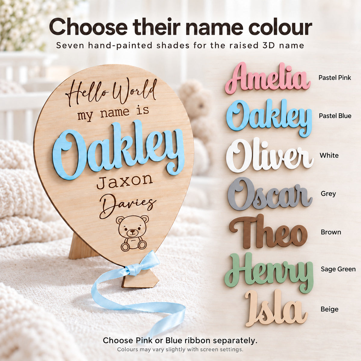 Seven painted wooden name colours: Pastel Pink, Pastel Blue, White, Grey, Brown, Sage Green and Beige. Ribbon colour is selected separately.