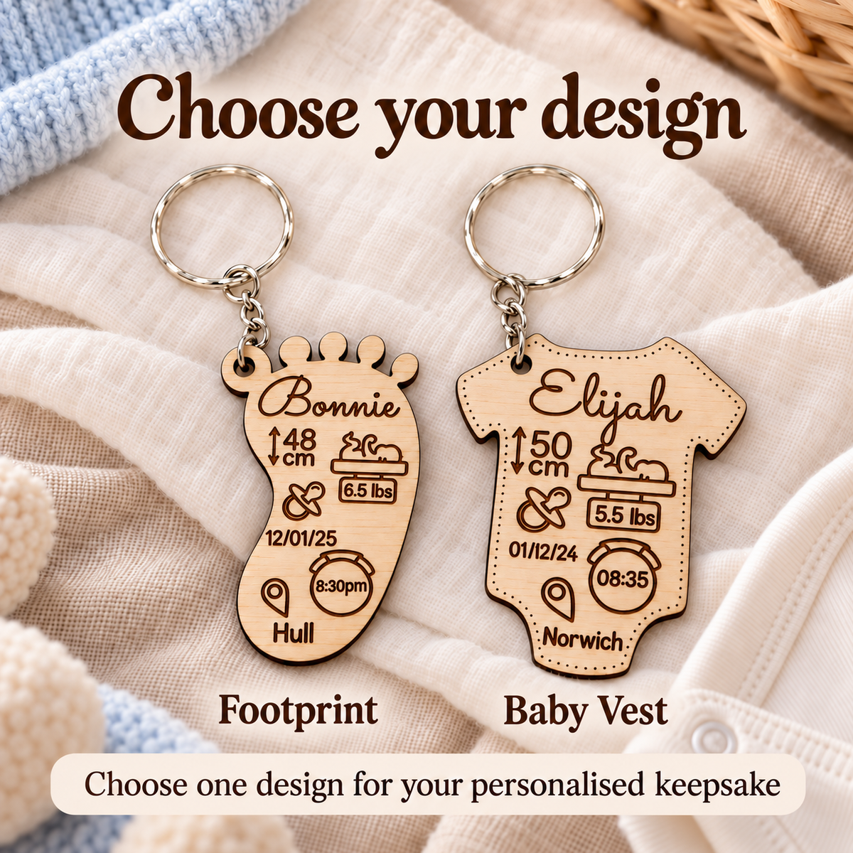 Choose a footprint or baby vest design for your personalised baby keyring