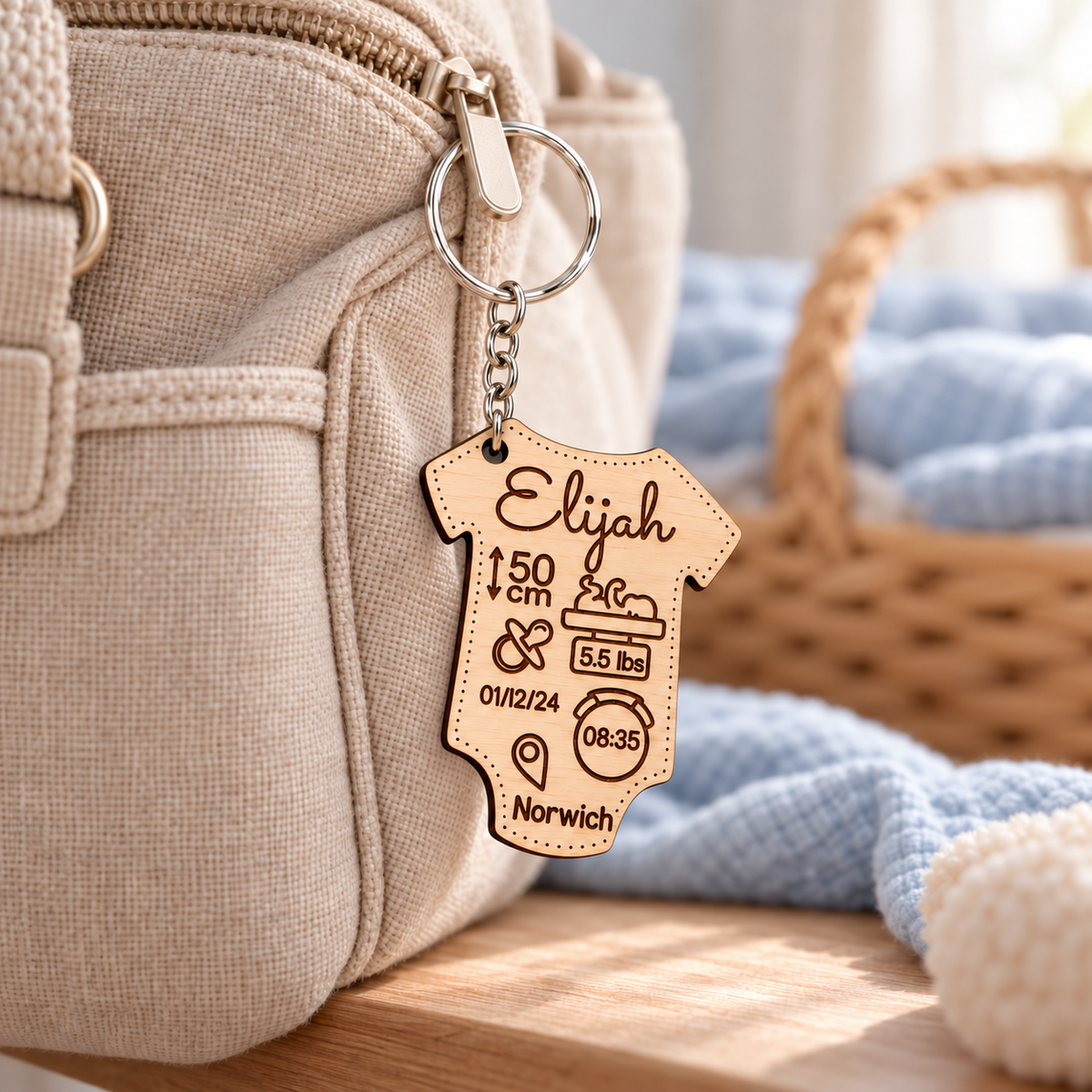 Personalised baby vest keyring attached to a changing bag