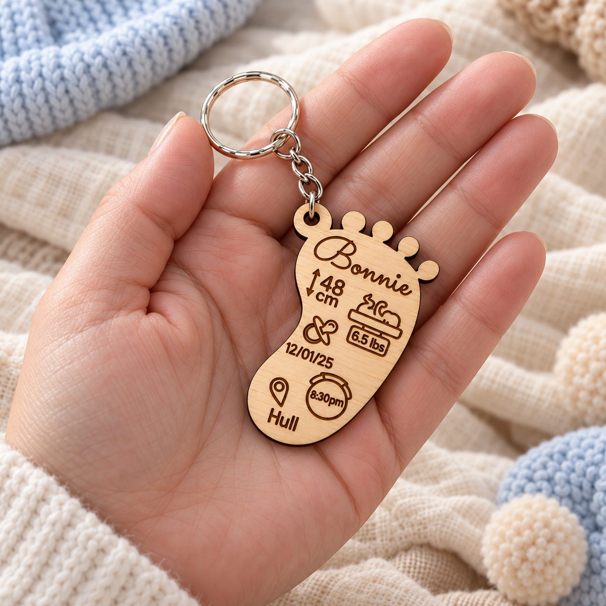 Small wooden baby birth stats keyring shown in an adult hand