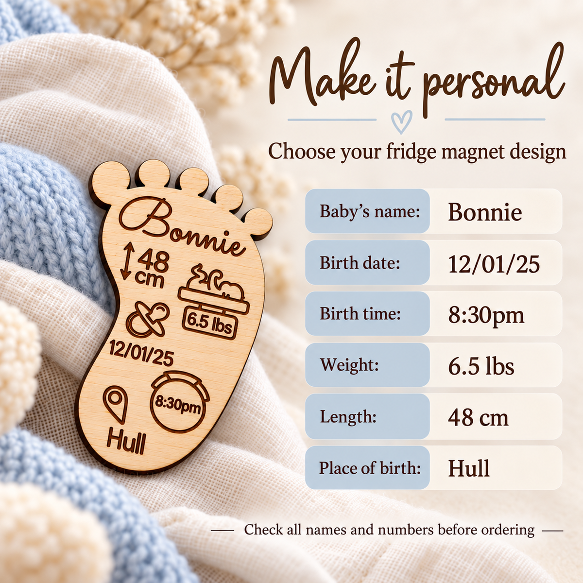 Six birth details to personalise a wooden baby footprint or baby vest fridge magnet