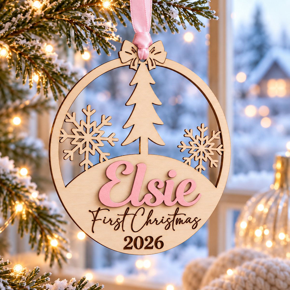 Wooden first Christmas bauble with Elsie in raised pastel pink lettering, engraved year and pink satin ribbon