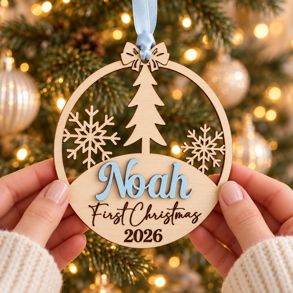 Pastel blue personalised baby first Christmas bauble held in adult hands to show its size and wooden cut-out design