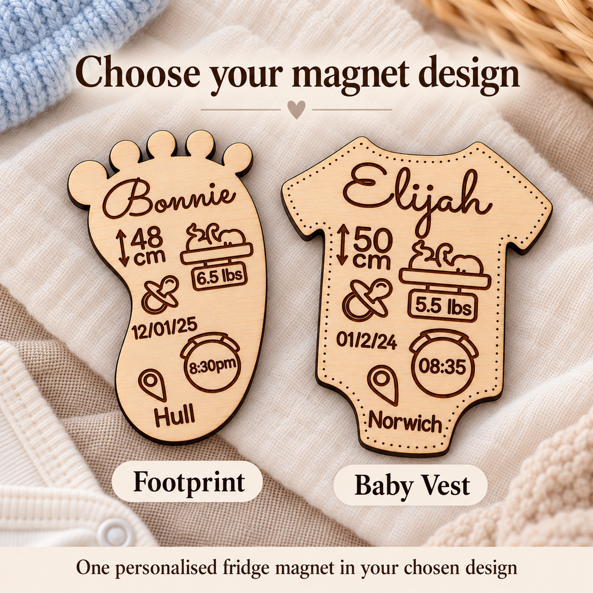 Choose one personalised fridge magnet in a footprint or baby vest design